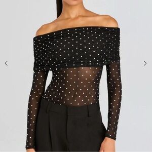 $298 Retrofete Oriana Embellished Mesh Silver Crystal Off-Shoulder Long Sleeve